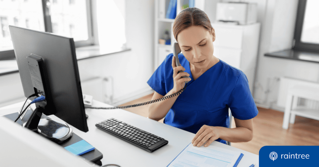 A Physical Therapy Team Member Makes A Phone Call From The Front Desk, With A Worried Expression. Illustrating The Topic: &Quot;Business Continuity Planning For Rehabilitation Therapy Practices&Quot;
