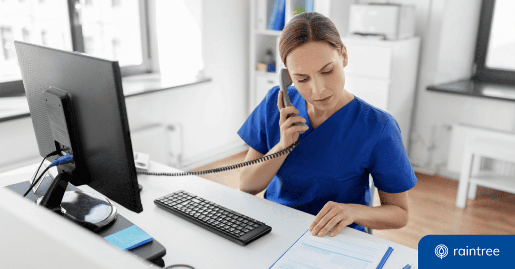 A physical therapy team member makes a phone call from the front desk, with a worried expression. Illustrating the topic: "Business Continuity Planning for Rehabilitation Therapy Practices"