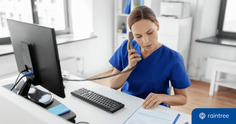 A physical therapy team member makes a phone call from the front desk, with a worried expression. Illustrating the topic: "Business Continuity Planning for Rehabilitation Therapy Practices"