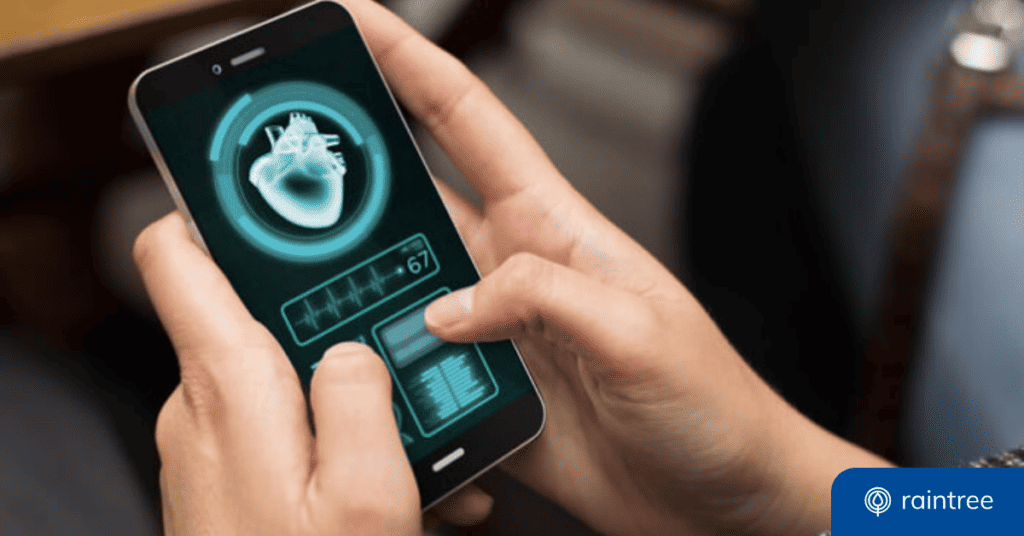 A close up of someone holding a phone, which displays a healthcare dashboard with health metrics and a 3-D anatomical heart. Illustrating the article topic: "How to Optimize Your Healthcare Practice with Technology Solutions"