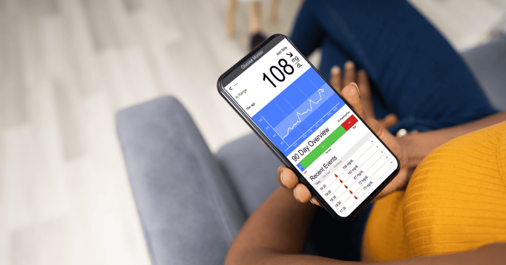 A patient looks down at their phone, which is functioning as a medical device to track health data. Illustrating the topic: "Engaging Today's Patients with Remote Patient Monitoring"