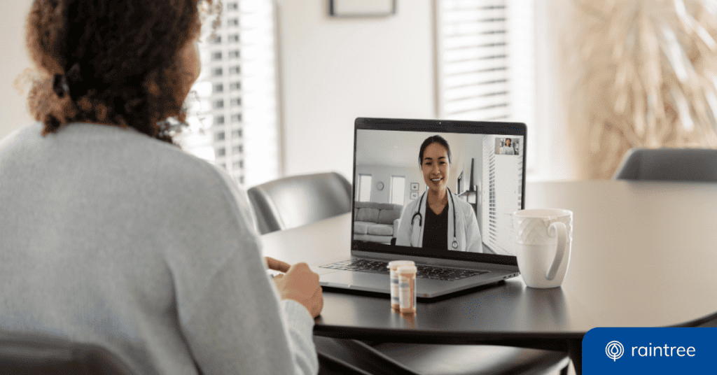A patient looks at their healthcare provider during a telehealth appointment. Illustrating the topic: "Modern Patient Engagement Telehealth is Here to Stay."