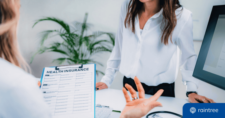 A patient talks with a medical front desk admin, while holding an insurance verification form. Illustrating the topic of "Health Insurance Coverage and Communication with Patients."