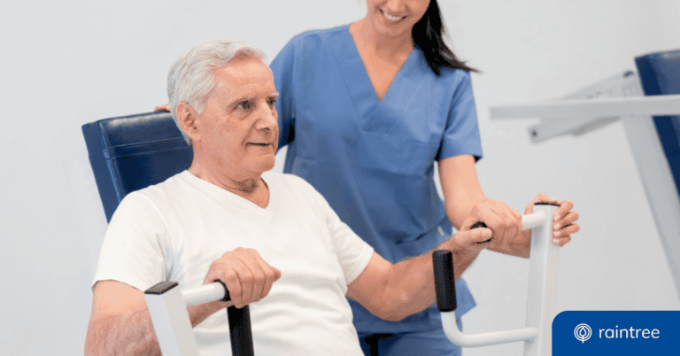 A physical therapist smiles while working with a senior patient, who has a determined expression. Illustrating the concept of physical therapy and mental health.