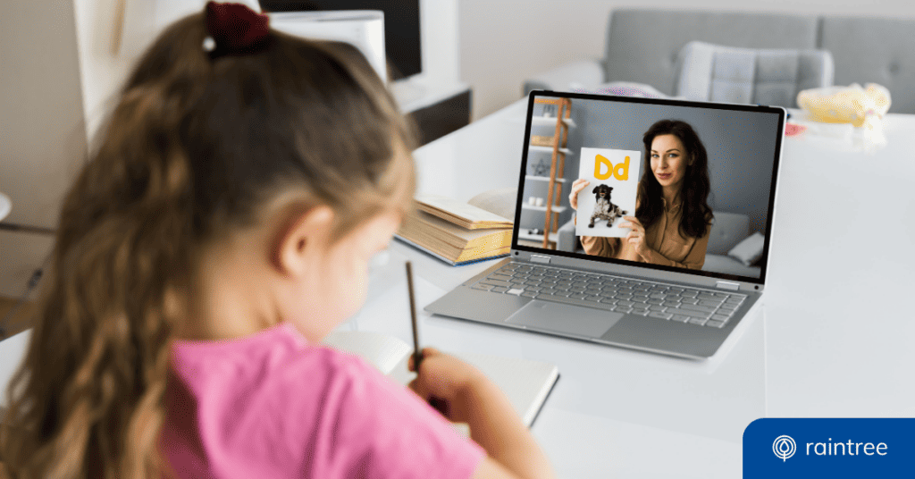 A Child Looks At A Laptop Screen, Which Displays A Speech-Language Pathologist Holding Up A Card With The Letter D. Illustrating The Topic: &Quot;Telehealth Software For Pediatric Therapy&Quot;