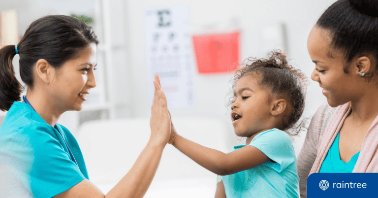 A pediatric patient does a high-five with her therapist, while her mom looks and smiles. Illustrating the topic: "Pediatric Therapy Software for a Modern Practice."