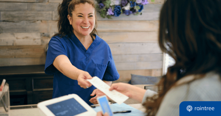 A physical therapy front desk admin hands a receipt to a patient across the front desk. Illustrating the topic: "Keys to a More Efficient PT Practice"
