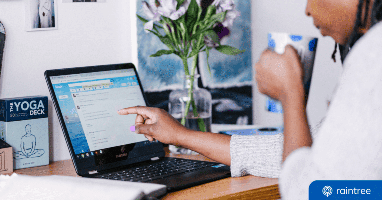 Someone drinks coffee while pointing to their email inbox on a laptop. Illustrating the topic: "Email Marketing Strategy for PT and Rehabilitation Therapy Practices."