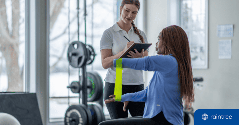 A physical therapist works with a patient who is recovering from amputation. Illustrating the topic: "How to Deliver Better Outcomes and More Accessible Rehabilitative Care."
