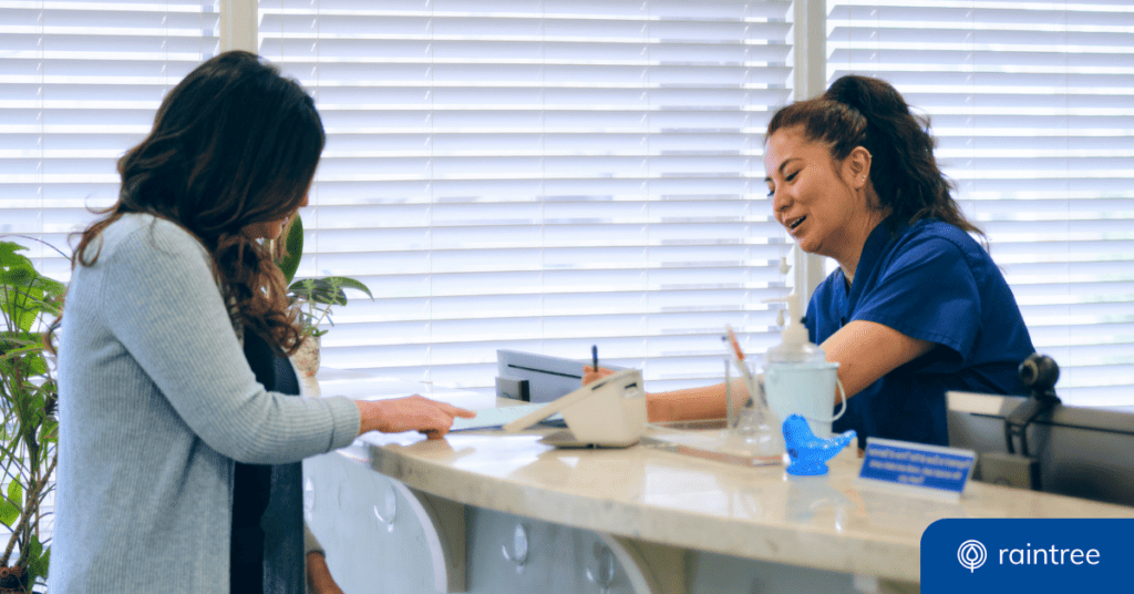A physical therapist helps a patient at the front desk. Illustrating the topic: "Patient Relationship Management and Practice Management Software."