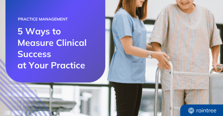 A header image depicting a physical therapist helping a patient in a hospital setting. The title reads: "5 Ways to Measure Clinical Success in Your Practice."