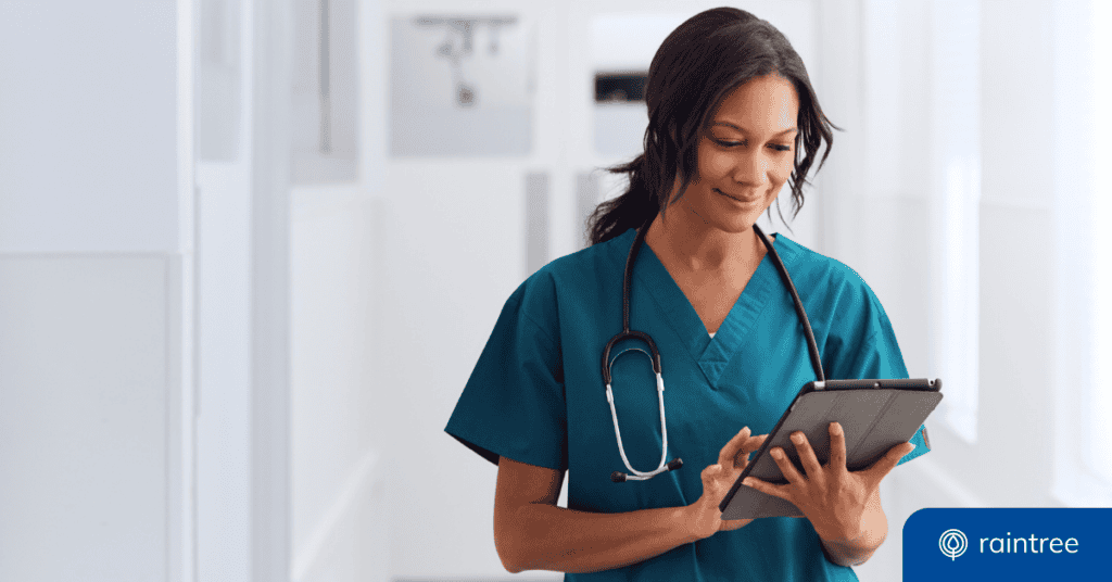 A PT smiles while using a tablet. Illustrating the value of automation in healthcare.
