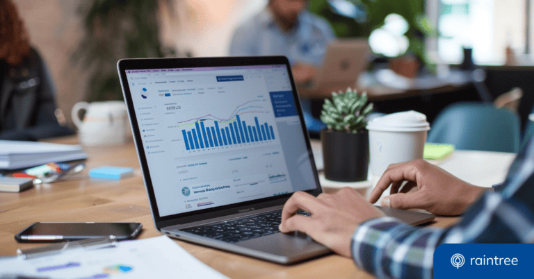 A person sits at a table using a laptop, which displays a bar graph on a positive trend, illustrating the value of philanthropy in healthcare.