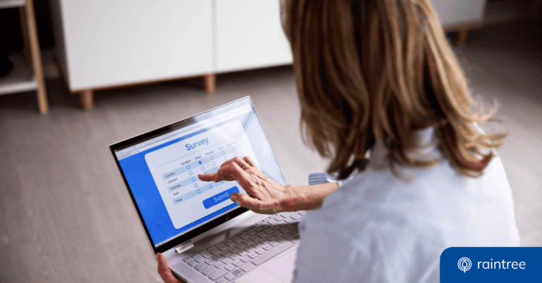Someone with long brown hair points their finger at a touchscreen, which displays a survey. Illustrating the topic: "Why Reviews Matter in Healthcare"