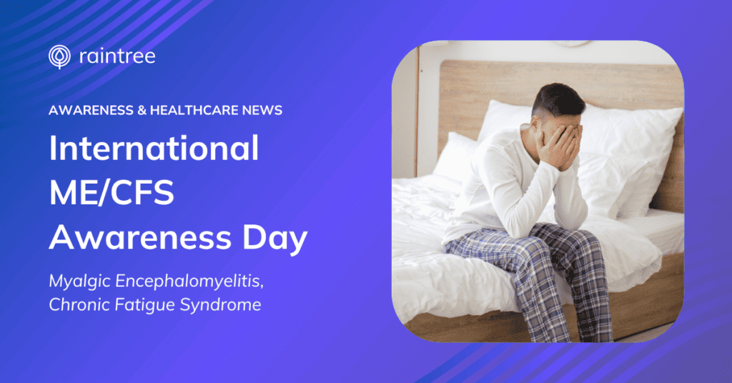 International Me/Cfs Awareness Day. This Header Image Depicts A Person With Short Black Hair And Pajamas, Sitting In Bed With Their Head In Their Hands; Experiencing Chronic Fatigue Syndrome.
