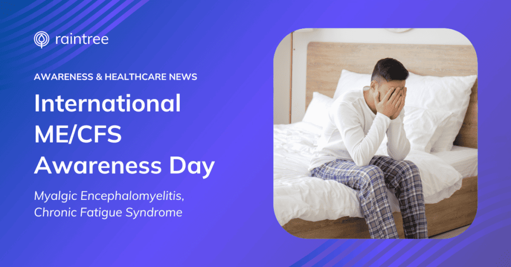 International Me/Cfs Awareness Day 2023 1 International Me/Cfs Awareness Day. This Header Image Depicts A Person With Short Black Hair And Pajamas, Sitting In Bed With Their Head In Their Hands; Experiencing Chronic Fatigue Syndrome.