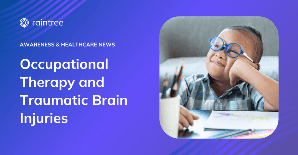 Occupational Therapy And Traumatic Brain Injuries. A Header Image Depicting A Child Who Looks Up From A Table, Where They Sit, Drawing. They Wear Pediatric Glasses And Have A Large Scar On Their Temple, Indicating Traumatic Brain Injury.