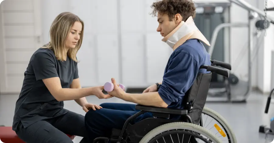 Occupational Therapy And Traumatic Brain Injuries 1 Occupational Therapist Helps A Patient With A Neck Brace.
