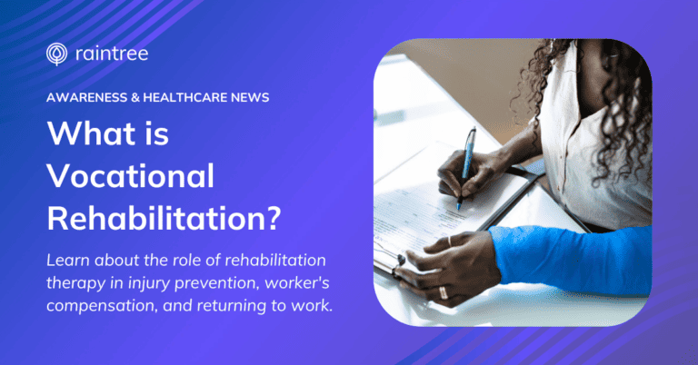 A header image depicting someone wearing a cast and filling out rehabilitation therapy practice intake forms after a workplace accident. The heading reads: "What is Vocational Rehabilitation? Learn about the role of rehabilitation therapy in injury prevention, worker's compensation, and returning to work."