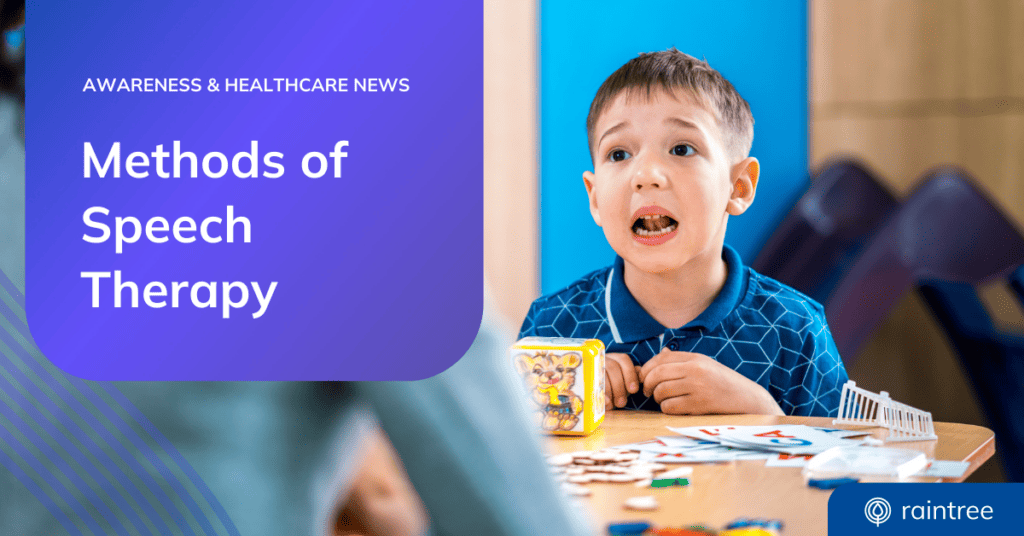A header image depicting a child with their mouth open to form a word during speech therapy. The headline reads: "Methods of Speech Therapy."