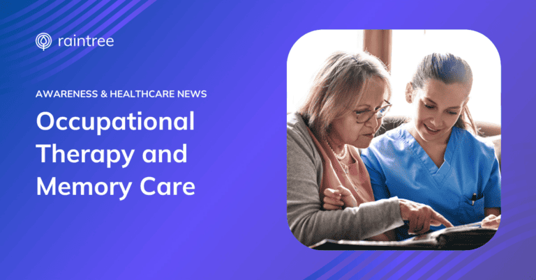A header image depicting an older woman and an occupational therapist, looking down at a memory book. The heading reads: "Occupational Therapy and Memory Care"