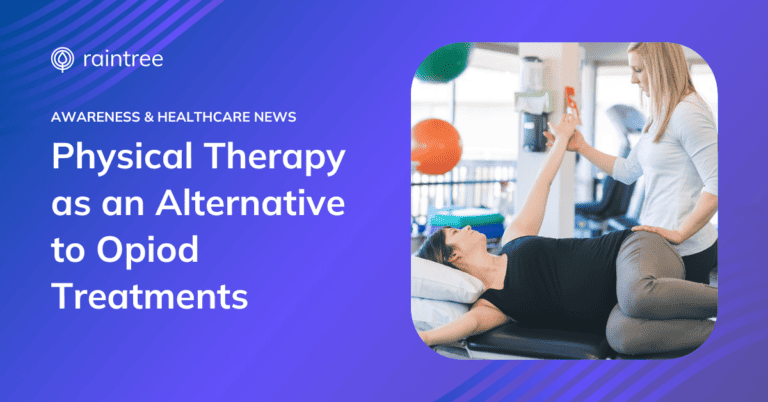 A header image depicting a physical therapist and their patient, who is lying on a treatment table with one arm extended. The headline reads: "Awareness and Healthcare News: Physical Therapy as an Alternative to Opioids"