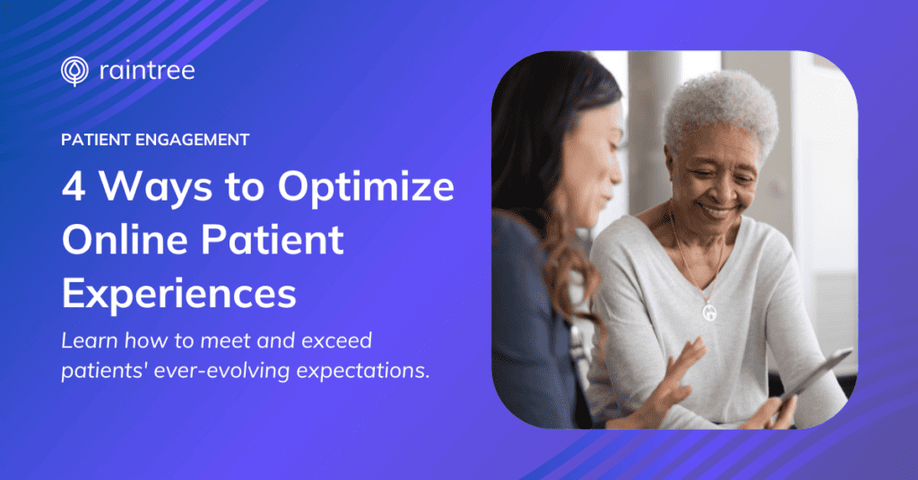 A Header Image Showing A Senior Patient Looking At Her Mobile Phone At A Patient Portal, Assisted By A Rehabilitation Therapist. The Headline Reads: &Quot;4 Ways To Optimize Online Patient Experiences&Quot;