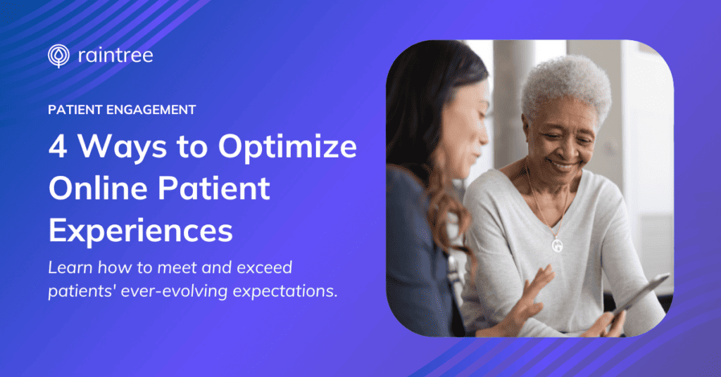A header image showing a senior patient looking at her mobile phone at a patient portal, assisted by a rehabilitation therapist. The headline reads: "4 Ways to Optimize Online Patient Experiences"