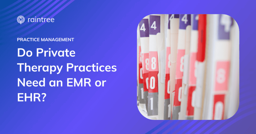 A header image showing a row of paper medical records, as opposed to an EMR or EHR. The headline reads: "Do Private Therapy Practices Need an EMR or EHR?"