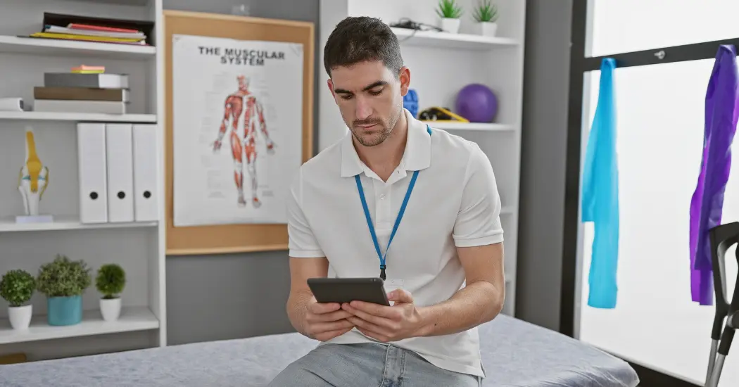 A physical therapist looks down at his tablet while sitting on a table, illustrating the question of whether an EMR or EHR is better for outpatient rehabilitation.