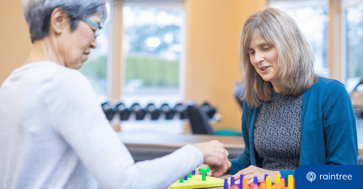An Occupational Therapist Works With A Patient. Illustrating The Topic: &Quot;Rehabilitative Vs Habilitative Therapy&Quot;