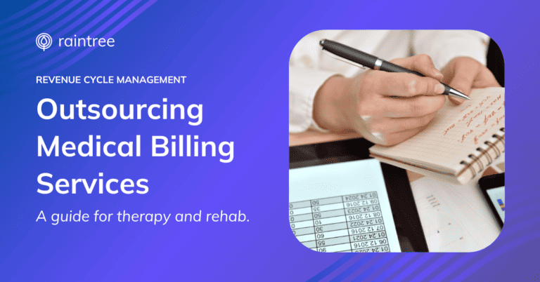 A header image showing a physical therapy professional using outdated manual processes in their revenue cycle management. The headline reads: "A Therapist's Guide to Outsourcing Medical Billing Services"