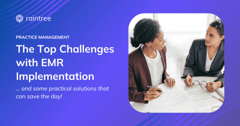 A header image showing two rehabilitation therapy practice management staff discussing the EMR implementation process. The headline reads: "The Top Challenges with EMR Implementation"