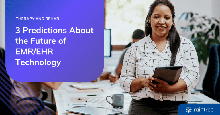 A header image showing a person in a striped blouse holding a tablet, leaning against a table during a technology innovation session. The headline reads: "3 Predictions About the Future of EMR/EHR Technology"
