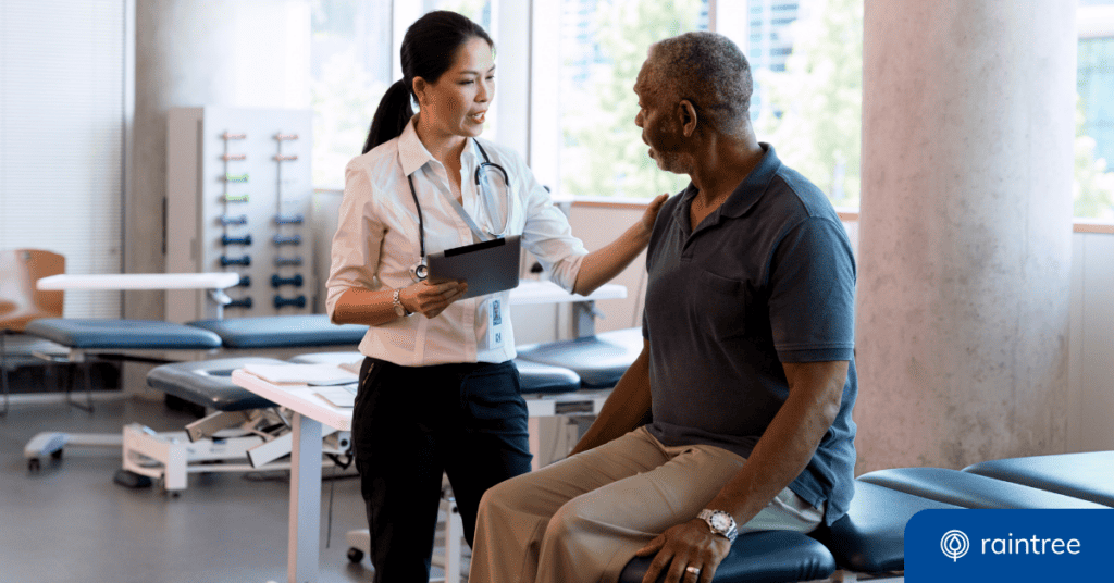 A physical therapist consults with a patient inside the clinic. Illustrating the topic: "The benefits of patient portals for physical therapists and rehabilitation therapy practices."