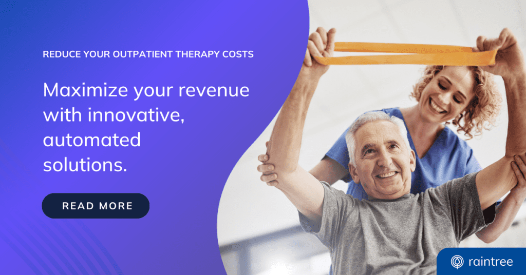 A patient and physical therapist look up at a resistance band. Illustrating the topic: "How to Reduce Outpatient Therapy Costs Through Optimized Revenue Cycle Management."
