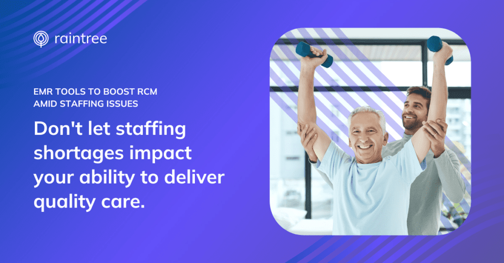 A physical therapist watches as a patient raises two dumbbells in the air. Illustrating the topic: "How Can Understaffed Physical Therapy and Rehabilitation Practices Earn More Revenue?"