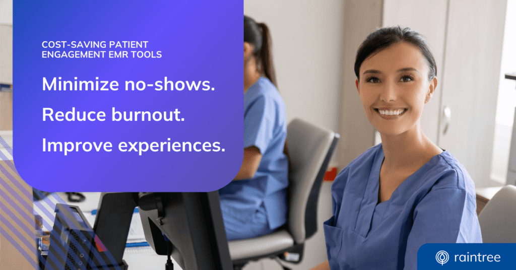 A header image featuring a smiling physical therapy practice front desk specialist. The headline reads: "Does Your EMR Deliver Cost-saving Patient Engagement Tools for therapy and rehab?"