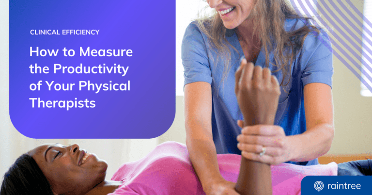A blog header graphic depicting a physical therapist guiding the wrist movement of a patient, who is lying down and smiling. The title reads: "Clinical Efficiency: How to Measure the Productivity of Your Physical Therapists"