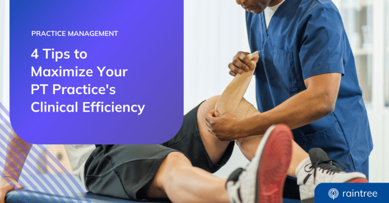 Headline: Maximize Your Physical Therapy Practice's Clinical Efficiency with Raintree. The background image depicts a physical therapist treating a patient with a knee injury.