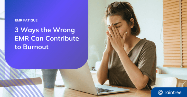 A header image depicting a person with short brown hair and glasses, covering their face with their hands while sitting at a computer. The headline reads: "EMR Fatigue: 3 Ways the Wrong EMR Can Contribute to Burnout."