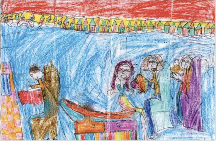 Emr Fatigue: A Child'S Illustration Of A Pediatric Doctor'S Appointment, Depicting A Physician Facing His Computer While The Patient And Her Family Wait On The Other Side Of The Room.