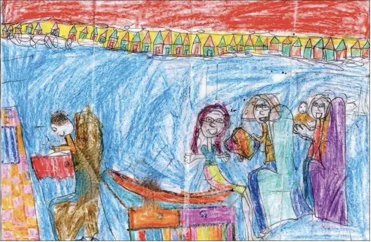 Emr Fatigue: 3 Ways The Wrong System Can Lead To Staff Burnout 1 Emr Fatigue: A Child'S Illustration Of A Pediatric Doctor'S Appointment, Depicting A Physician Facing His Computer While The Patient And Her Family Wait On The Other Side Of The Room.