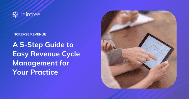 A header image depicting two people with an iPad, which displays an ascending line graph. The heading reads: "Increase Revenue. A 5-step Guide to Easy RCM for Your Practice."