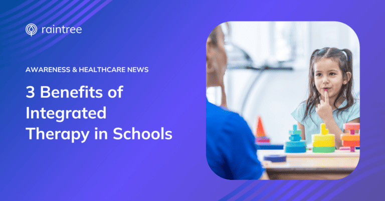 A header image depicting a child raising a hand to her mouth during pediatric therapy in a school setting. The headline reads: "3 Benefits of Integrated Therapy in Schools."