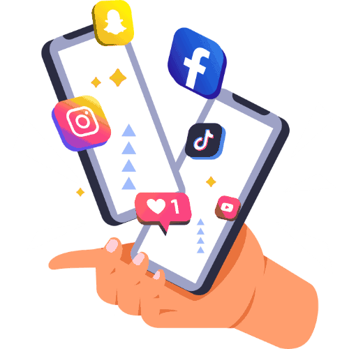 A Hand Holds Two Phones With Hovering Social Media Icons. Illustrating The Concept: Which Social Media Platforms Should My Outpatient Physical Therapy Practice Use?