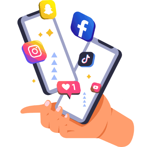 3 Physical Therapy Social Media Management Strategies To Maximize Patient Engagement 2 A Hand Holds Two Phones With Hovering Social Media Icons. Illustrating The Concept: Which Social Media Platforms Should My Outpatient Physical Therapy Practice Use?