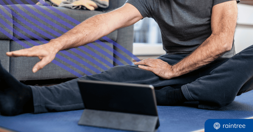 A header image. A physical therapy patient looks at a tablet while stretching one hand toward his toes. The topic is: "Physical Therapy and Artificial Intelligence"
