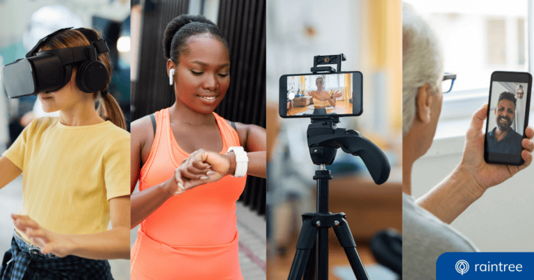 A collage of four rehab therapy patients using VR, wearables, telehealth, and motion tracking technology, to illustrate the theme of "Trends and Emerging Technologies in Rehab Therapy."