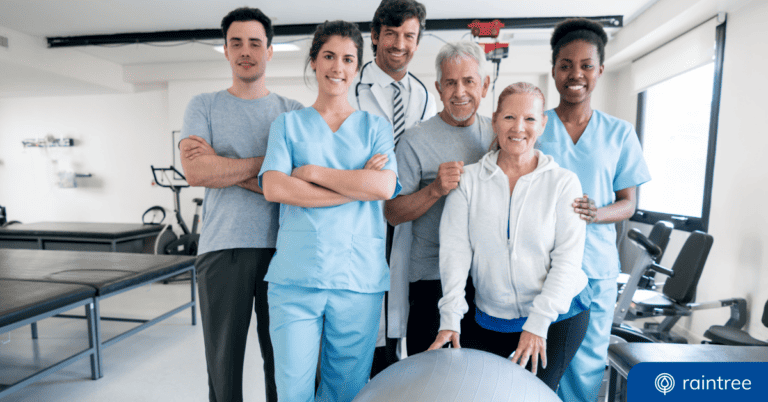 A cohesive physical therapy and rehabilitation team smiles at the camera, illustrating the topic: "Driving the Value of Your Practice Operational Excellence in Rehabilitation Therapy"